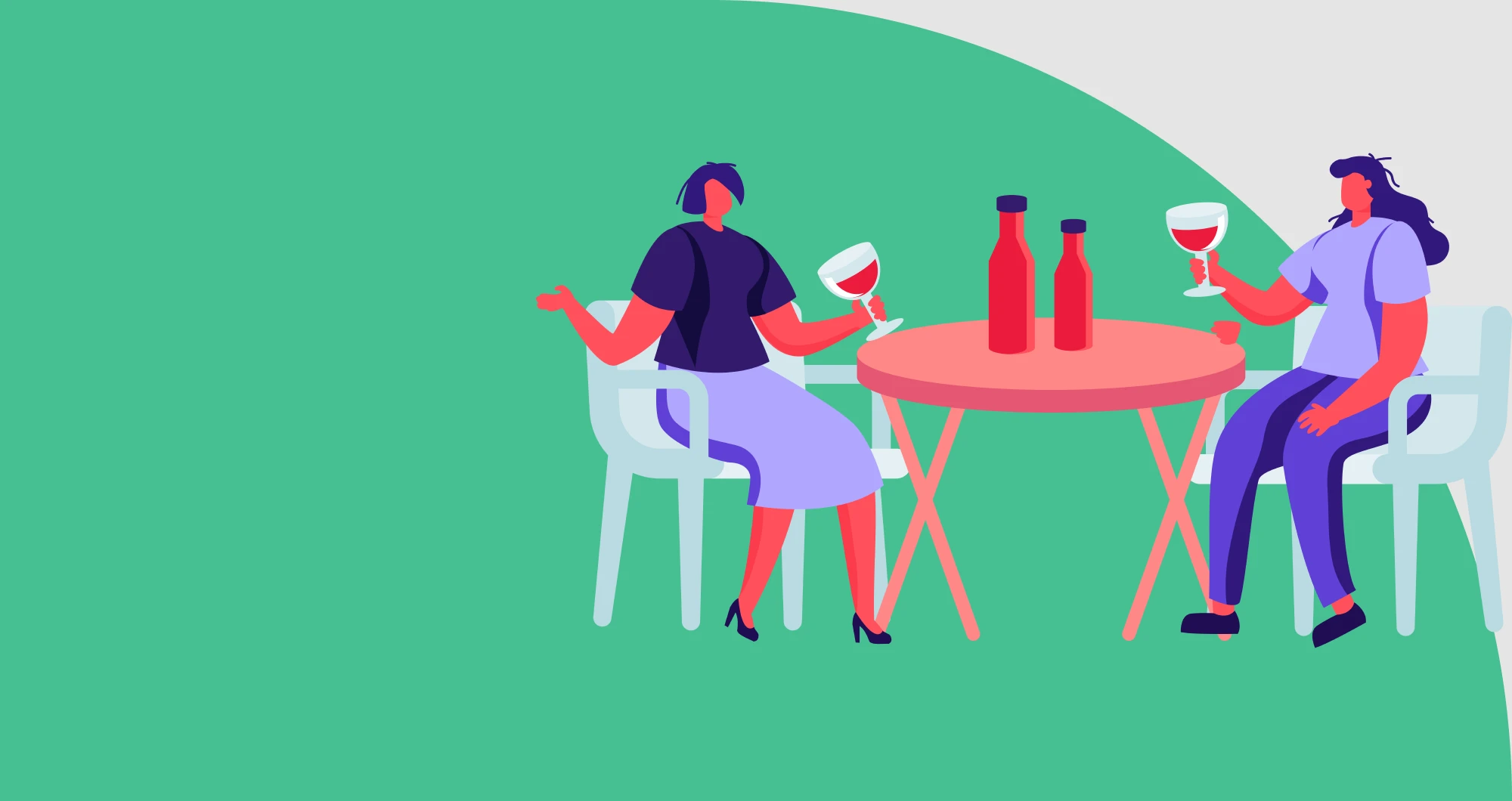 Two cartoon woman drinking wine
