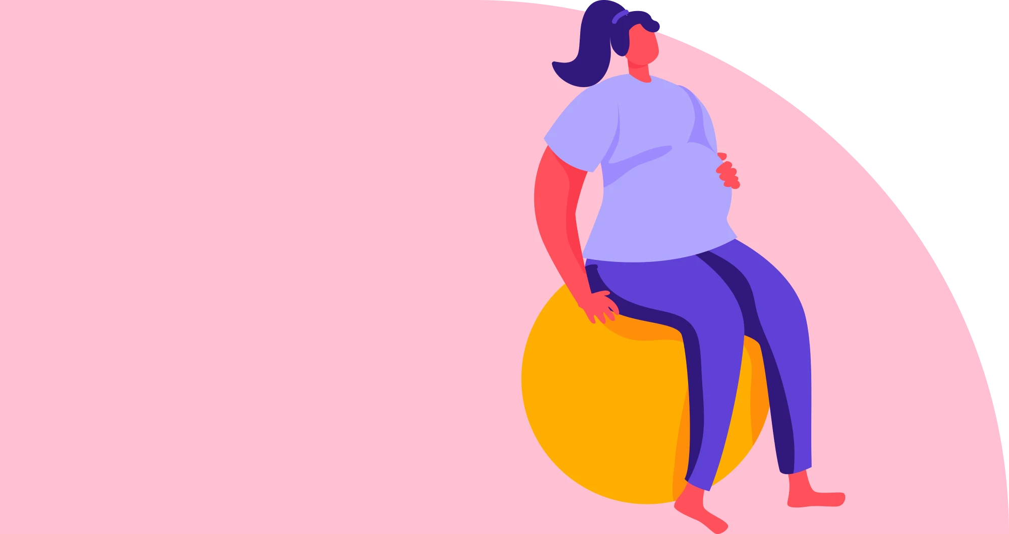 Cartoon woman in labour sitting on a birthing ball