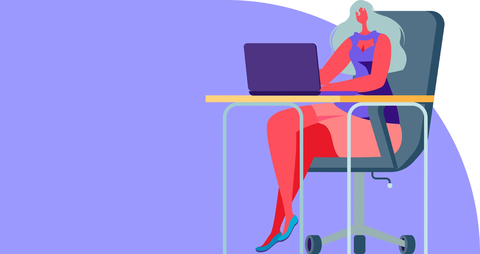 A cartoon woman sitting at a desk in front of her laptop