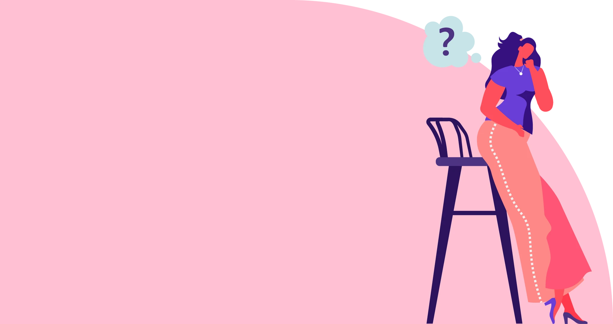 Illustration of a woman leaned against a chair with a thought bubble of a question mark