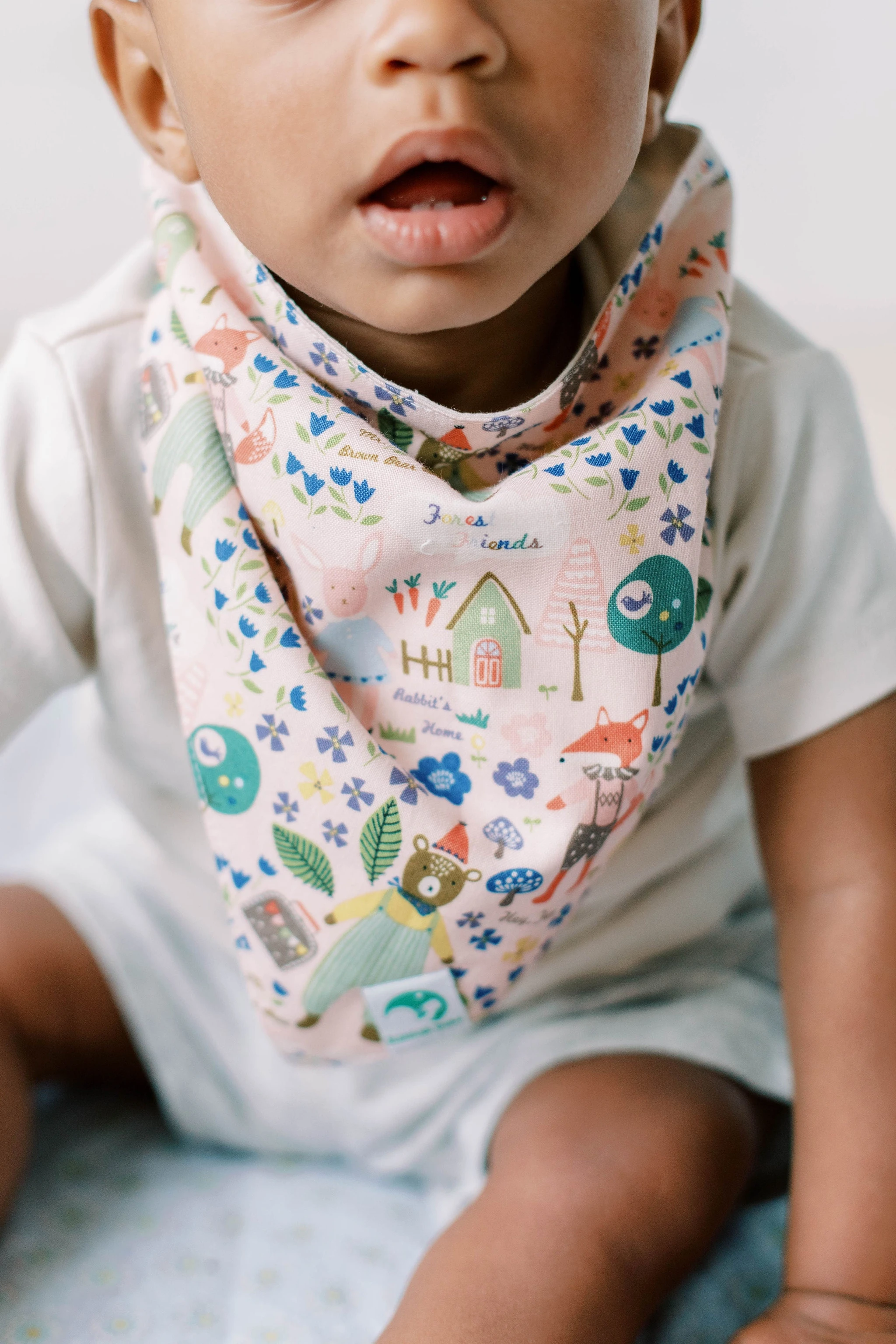 baby wearing hannahBEBE scarf bib forest friends pattern